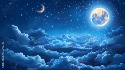 Modern illustration of the moon in night sky with clouds and stars. Full moon and crescent on a dark midnight sky. Starry outer space with glowing planet and fog.