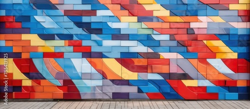 A vibrant brick wall stands out on the street, adorned with a large, eye-catching painting. The wall is made of ceramic tiles in various shades, arranged in oblique rows, creating a visually striking