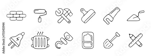 Construction set icon. Brick, saw, hammer, roller, cutter, window, pencil, ruler, builder, cement, putty, building house, repairing. Builder concept. Vector line icon on white background.