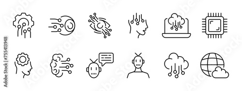 Modern technologies set icon. Gear, eyeball, eye, person. computer, brain, cloud with connections. Chip, robot, communication with AI. Modern technology concept. Vector line icon on white background.