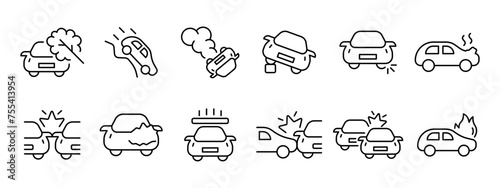 Car accident set icon. An accident, fallen tree, car crashes into the side, rear, sideways. A broken tire, engine overheating, fire, fall. Car accident concept. Vector line icon on white background.