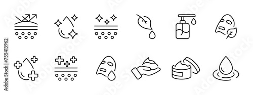 Skincare routine set icon: Protection, SPF sunscreen, hydration, water drop, cure, clean pores, nourishing cream, moisturizer, mask, leaf, foam. Personal care concept. Vector line icon.