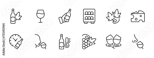 Wine set icon. Wine from grapes, glass, bottle, storage barrels, grapes, cheese, fermentation, tasting, proper storage, grapes, smell of wine. Winemaking and wine tasting concept. Vector line icon.