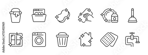 Cleaning set icon. Bucket, dishwasher, abacus, rag, clean dishes, plunger, clean windows, washing machine, clean house, faucet. Cleaning concept, home care. Vector line icon on white background.