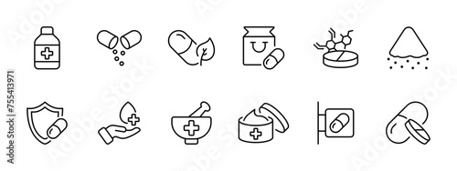 Medicine set icon. Mixture, pill, ecological medicine, storage, health protection, cream, pharmacy. tablets, healthcare. Pharmacy, healthcare concept. Vector line icon on white background.