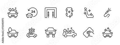 Car wash set icon. Car washing, 24/7 service, cleanliness, car washing, prof. equipment, spraying, drying, checking the condition of machine. Concept of car wash, service station. Vector line icon.