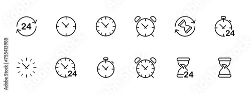 Time set icon. 24 hours a day, clock, alarm, period, hourglass, timer, stopwatch, ticks. Time period, round the clock work concept. Vector line icon on white background.