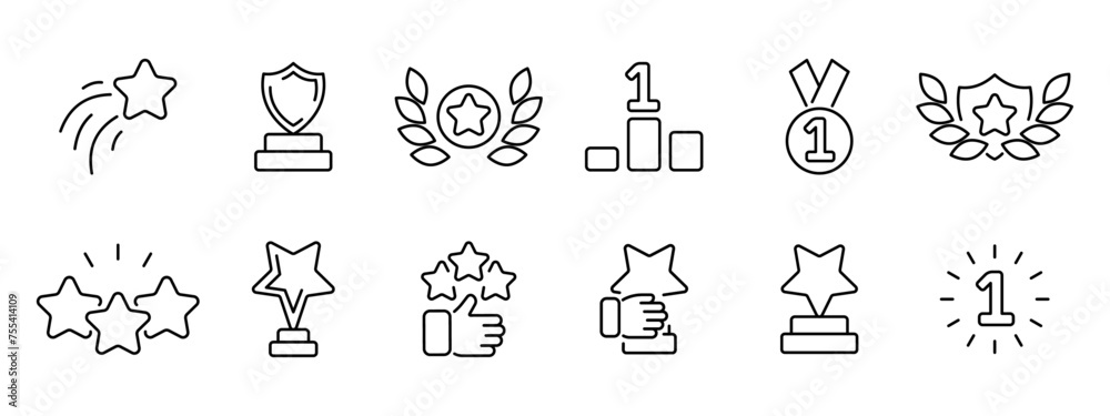 First place set icon. Star, defense, award, first place, medal, wine, prizes, success, podium. Winner concept. Vector line icon on white background.