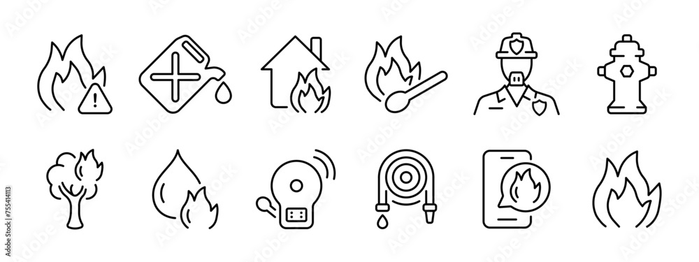 Fire set icon. Fire, danger, gasoline, burning house, feeding the fire, hydrant, wood and gasoline are burning, alarm, hose, fire message, fire. Vector line icon on white background.