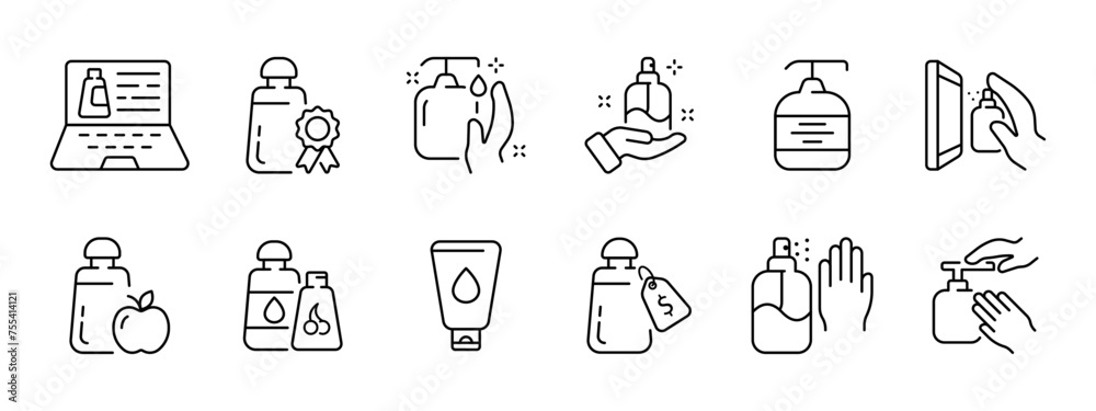 Fototapeta premium Cosmetics, creams set icon. Online purchase, verified product, hand cream, glass and screen cleaning, natural products, lotions, moisturizers, disinfectant. Vector line icon on white background.