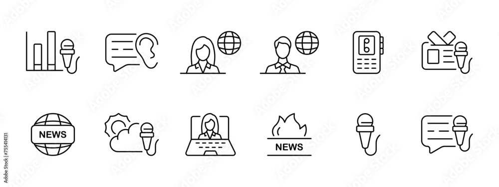 News set icon. Exchange discussion, rumors, presenter and presenter, mp3 player, world news, weather forecast, laptop, hot news, interview, microphone. Press concept. Vector line icon. News set icon. Exchange discussion, rumors, presenter and presenter, mp3 player, world news, weather forecast, laptop, hot news, interview, microphone. Press concept. Vector line icon.
