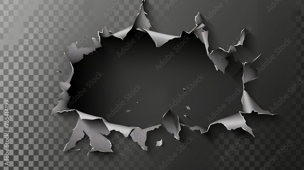 Rip holes in metal with curly edges, cracked steel, cut damage on steel sheet. Torn slash, gun aperture isolated on transparent background. - obrazy, fototapety, plakaty 