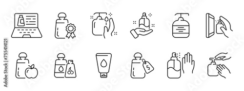 Cosmetics, creams set icon. Online purchase, verified product, hand cream, glass and screen cleaning, natural products, lotions, moisturizers, disinfectant. Vector line icon on white background.