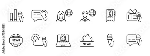 News set icon. Exchange discussion, rumors, presenter and presenter, mp3 player, world news, weather forecast, laptop, hot news, interview, microphone. Press concept. Vector line icon.