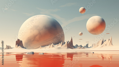 Planets suspended above a body of water, creating a surreal and otherworldly scene, wallpaper