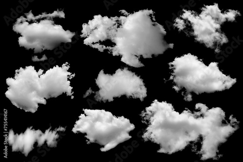 White clouds collection isolated on black background, cloud set on black. fluffy white cloudscape texture. Black sky nature background, cloudy, black and white photo