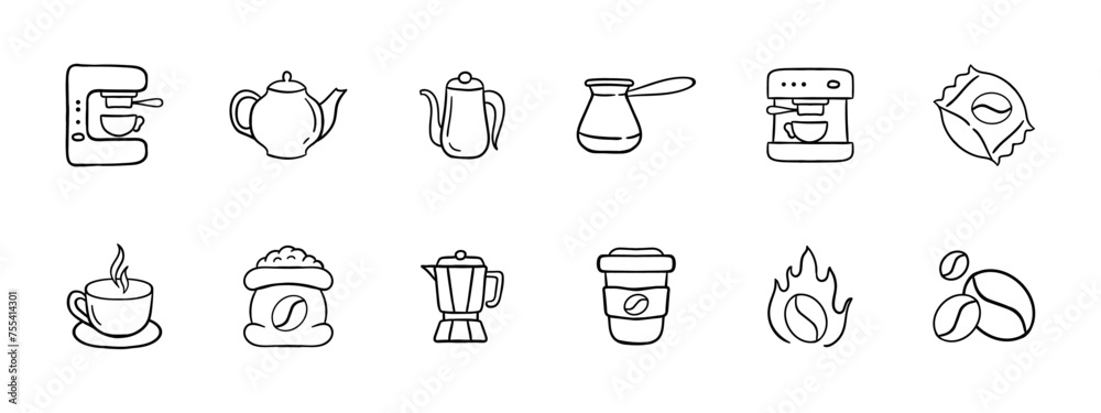 Coffee set icon. Coffee pot, coffee maker, cup of coffee, blender, glass of instant coffee. Store bought coffee beans, a bag of beans. Coffee, coffee shop concept. Vector line icon.