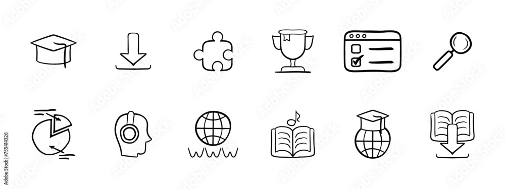 Training set icon. Academic cap, puzzle, download, cup, test, magnifying glass, diagram, music, internet, reading, online learning, e books icons. Online learning concept. Vector line icon. Training set icon. Academic cap, puzzle, download, cup, test, magnifying glass, diagram, music, internet, reading, online learning, e books icons. Online learning concept. Vector line icon.