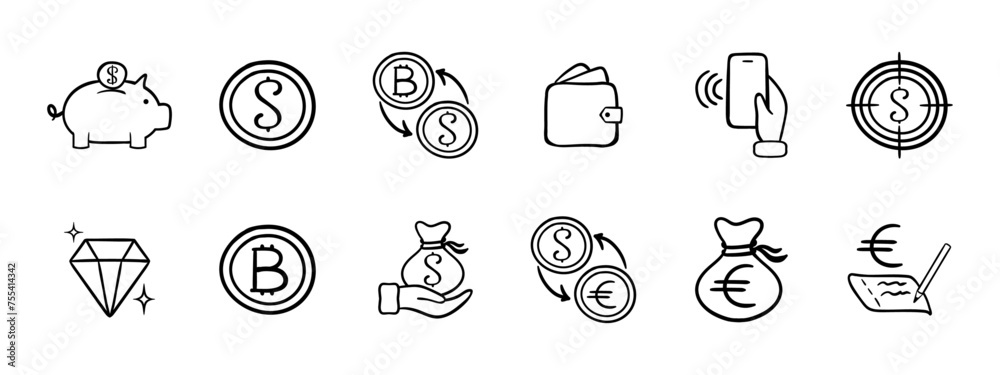 Currency set icon. Storage of money, safety of the dollar, exchange of dollars for bitcoin and vice versa, wallet, jewelry, cryptocurrency, safety of euros, NFC. Bank concept. Vector line icon.
