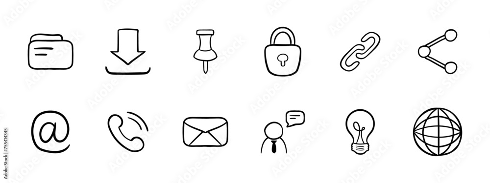 Email set icon. Files, downloads, pinned, blocked, links, share button, At sign, call, mail, chat, idea, globe. work all over the world. Concept of corporation, office worker. Vector line icon. Email set icon. Files, downloads, pinned, blocked, links, share button, At sign, call, mail, chat, idea, globe. work all over the world. Concept of corporation, office worker. Vector line icon.