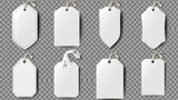 Modern mockup of white fabric tags for textiles isolated on transparent background. Cotton ribbon badges different shapes, woven fashion stickers isolated on white.