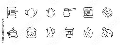 Coffee set icon. Coffee pot, coffee maker, cup of coffee, blender, glass of instant coffee. Store bought coffee beans, a bag of beans. Coffee, coffee shop concept. Vector line icon.