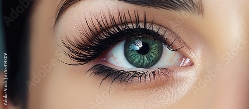 This close-up captures a womans eye with remarkably long lashes, enhanced by the application of mascara for added length and volume. The focus is on the intricate details of the eye and lashes. photo