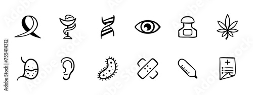Cancer set icon. The fight against AIDS and cancer, medicine, DNA, eye, medicine, foliage, cancerous tumor, ear, bacterium, patch, document. Vector line icon on white background.