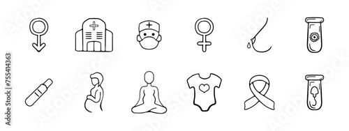 Pregnancy set icon. Boy, hospital obstetrician, girl, breastfeeding, egg, sperm, pregnancy test, pregnant woman, self care. Childbirth concept. Vector line icon on white background.