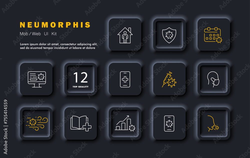 Virus set icon. News, information about virus, transmitted by airborne droplets, masks, vaccine, statistics, literature, cough, medical care, disease, stay home. Neomorphism style. Vector line icon Virus set icon. News, information about virus, transmitted by airborne droplets, masks, vaccine, statistics, literature, cough, medical care, disease, stay home. Neomorphism style. Vector line icon