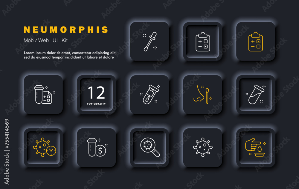 Analyzes set icon. Tests, virus, rod, test tube, DNA, positive and negative result, payment, blood donation, covid, search for diseases. Neomorphism style. Vector line icon Analyzes set icon. Tests, virus, rod, test tube, DNA, positive and negative result, payment, blood donation, covid, search for diseases. Neomorphism style. Vector line icon