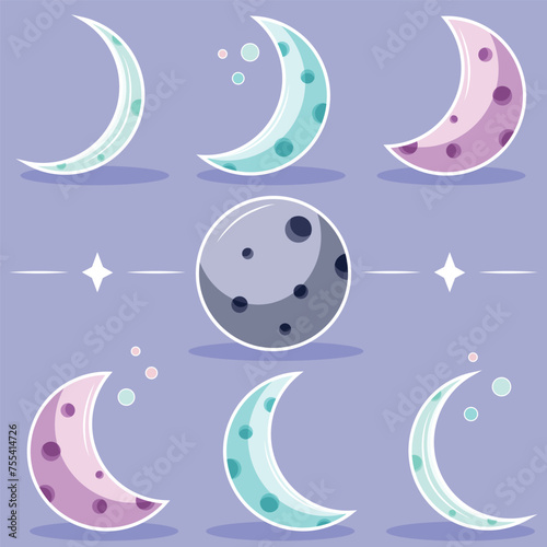 Moon phases from full moon to thin waning crescent. Magical and mystical properties. Moon calendar.