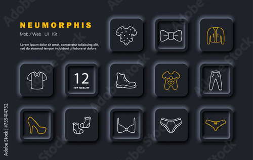 Clothes set icon. Nightie, shoes, shoes, bow tie, windbreaker, shirt, T shirt, shoes, bra, briefs, socks, children clothing, sweatpants. Fashion, modern clothing concept. Vector line icon.
