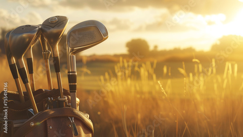 A bag of golf clubs is resting on the grass in a beautiful meadow at sunset, set against a backdrop of colorful clouds in the sky photo