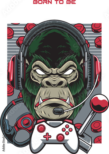 Vector Illustration of Gorilla wearing Headphone, Joystick and Game Steering Wheel with Vintage Hand Drawing Style Available for Tshirt Design