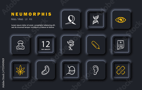Cancer set icon. The fight against AIDS and cancer, medicine, DNA, eye, medicine, foliage, cancerous tumor, ear, bacterium, patch, document. Neomorphism style. Vector line icon