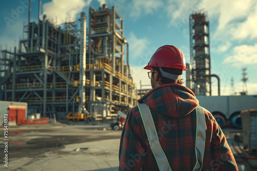 Back side Civil engineer hat and wear a safety suit, shirt. Looking construction structure. Selective focus. industry on background