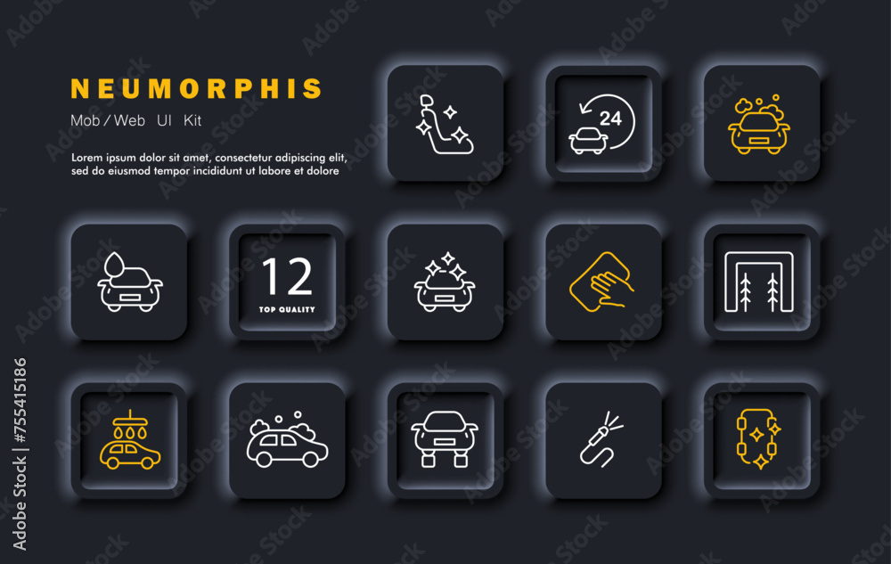Car wash set icon. Car washing, 24/7 service, cleanliness, car washing, prof. equipment, spraying, drying, checking condition of machine. Concept service station. Neomorphism style. Vector line icon Car wash set icon. Car washing, 24/7 service, cleanliness, car washing, prof. equipment, spraying, drying, checking condition of machine. Concept service station. Neomorphism style. Vector line icon
