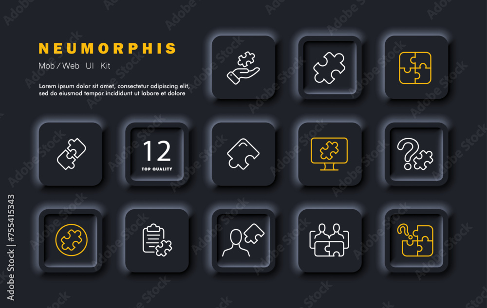 Puzzles set icon. Whole work, puzzle, task, missing piece, proposal of an option, social interaction, computer, document. Concept of problems and their solutions. Neomorphism style. Vector line icon Puzzles set icon. Whole work, puzzle, task, missing piece, proposal of an option, social interaction, computer, document. Concept of problems and their solutions. Neomorphism style. Vector line icon