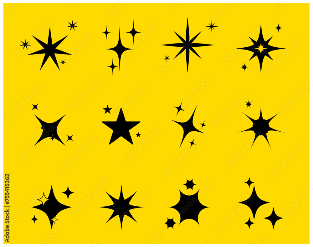 Stars Sparkle flat set vector icons, Background