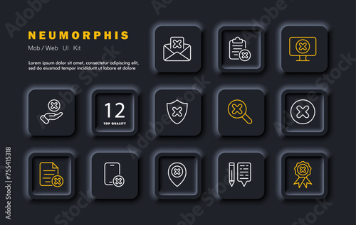 Failure set icon. Blocked sites, files, denial of verification, refusal to send sheets, notepad, refusal to provide services, protection. Neomorphism style. Vector line icon