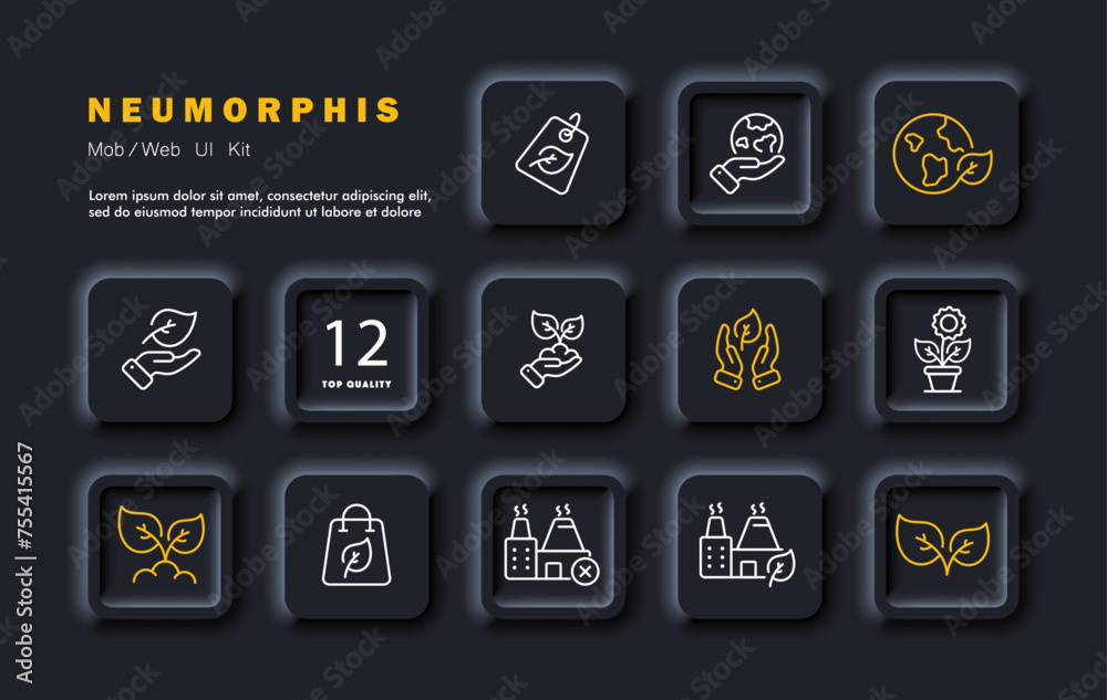 Ecology set icon. Ecology, caring for the planet, growing plants, nature, eco friendly industry, banning plants, seeds, protecting herb. Neomorphism style. Vector line icon Ecology set icon. Ecology, caring for the planet, growing plants, nature, eco friendly industry, banning plants, seeds, protecting herb. Neomorphism style. Vector line icon
