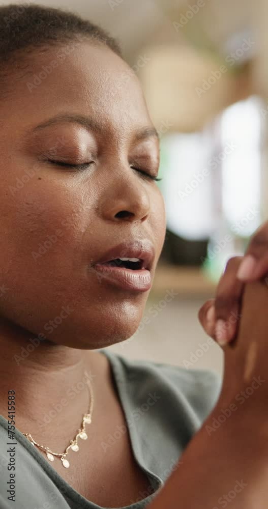 Prayer, worship and black woman in home for faith, spiritual and praise God in lounge. Religion, hope and person with eyes closed for Christianity, gratitude and meditation with Jesus Christ closeup