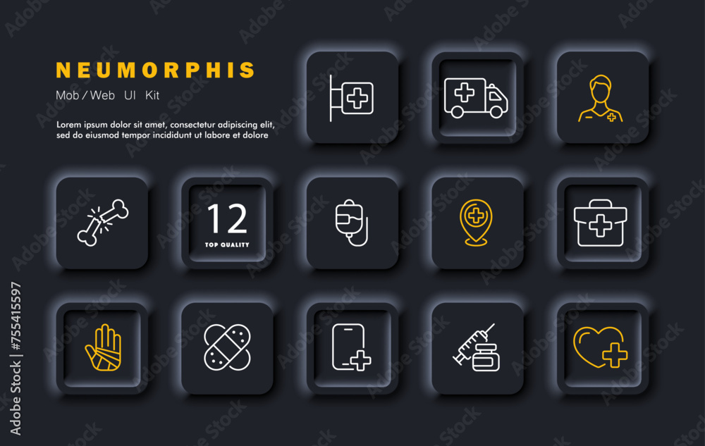 Ambulance set icon. Employee and ambulance, first aid kit, pharmacy, heart health, drugs, fractures, burns, adhesive plaster, IV. Ambulance concept. Neomorphism style. Vector line icon Ambulance set icon. Employee and ambulance, first aid kit, pharmacy, heart health, drugs, fractures, burns, adhesive plaster, IV. Ambulance concept. Neomorphism style. Vector line icon