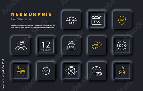 Tax set icon. Protection from taxes, their payment on schedule, diagram, percentage, taxpayers. Protecting the people from excessive taxes concept. Neomorphism style. Vector line icon