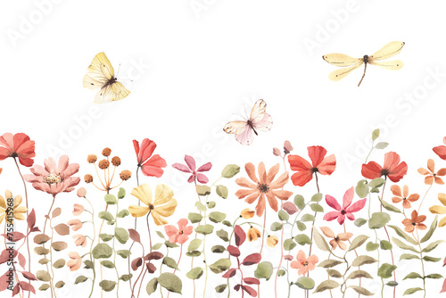 Watercolor horizontal seamless pattern of abstract wildflowers and plants with flying butterflies and dragonfly, isolated floral colored border for wallpapers, cover or floral background, design print #755415968