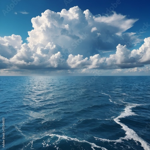 illustration of a huge sea with fluffy clouds in the blue sky