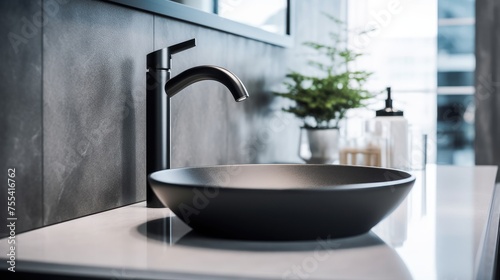 Close up of modern sink with faucet and mirror in bathroom