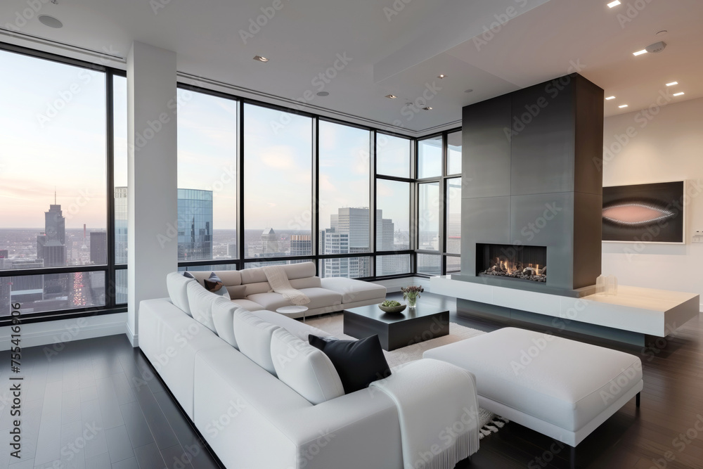 Fototapeta premium Sofa and fireplace in serene urban oasis in heart of bustling. Cozy place to rest in apartment with panoramic windows. Real estate
