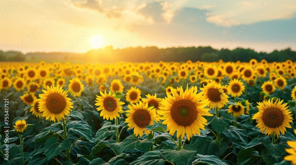 Wide-angle shot of the sunflower field in the sunset